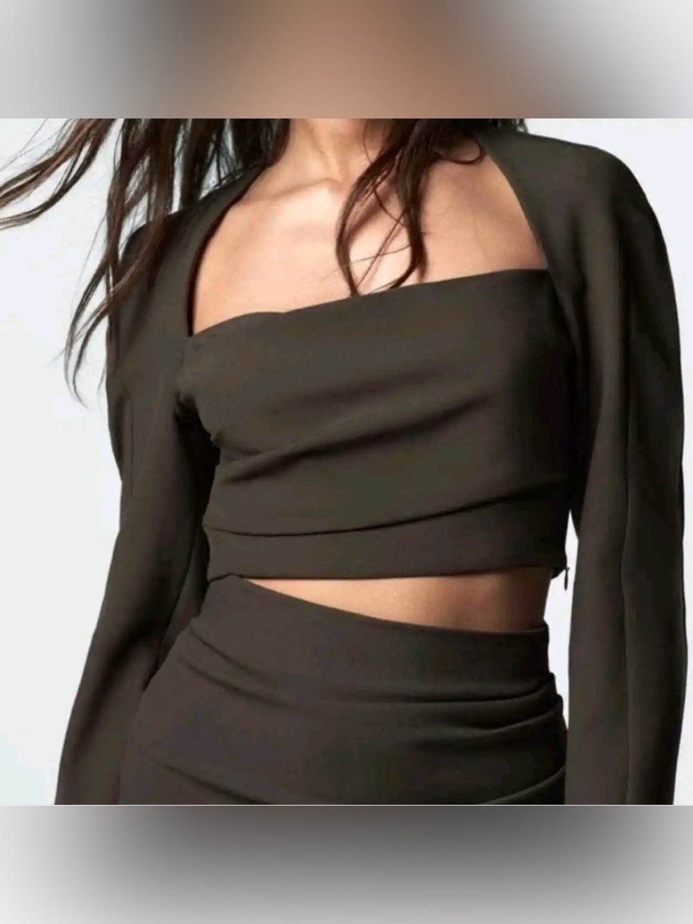 Zara Voluminous Draped Long Sleeve Square Neck Crop Top in brown, size XS
